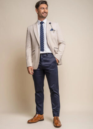 Cavani Caridi Beige Blazer 2 Piece Contrast Suit Navy Chino's