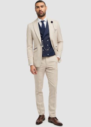 Cavani Caridi Beige 3 Piece Contrast Suit With Navy Waistcoat