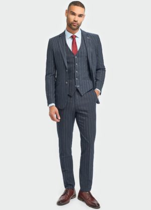 Cavani Navy Blue Formal Office Pinstripe 3 Piece Slim Fit Suit