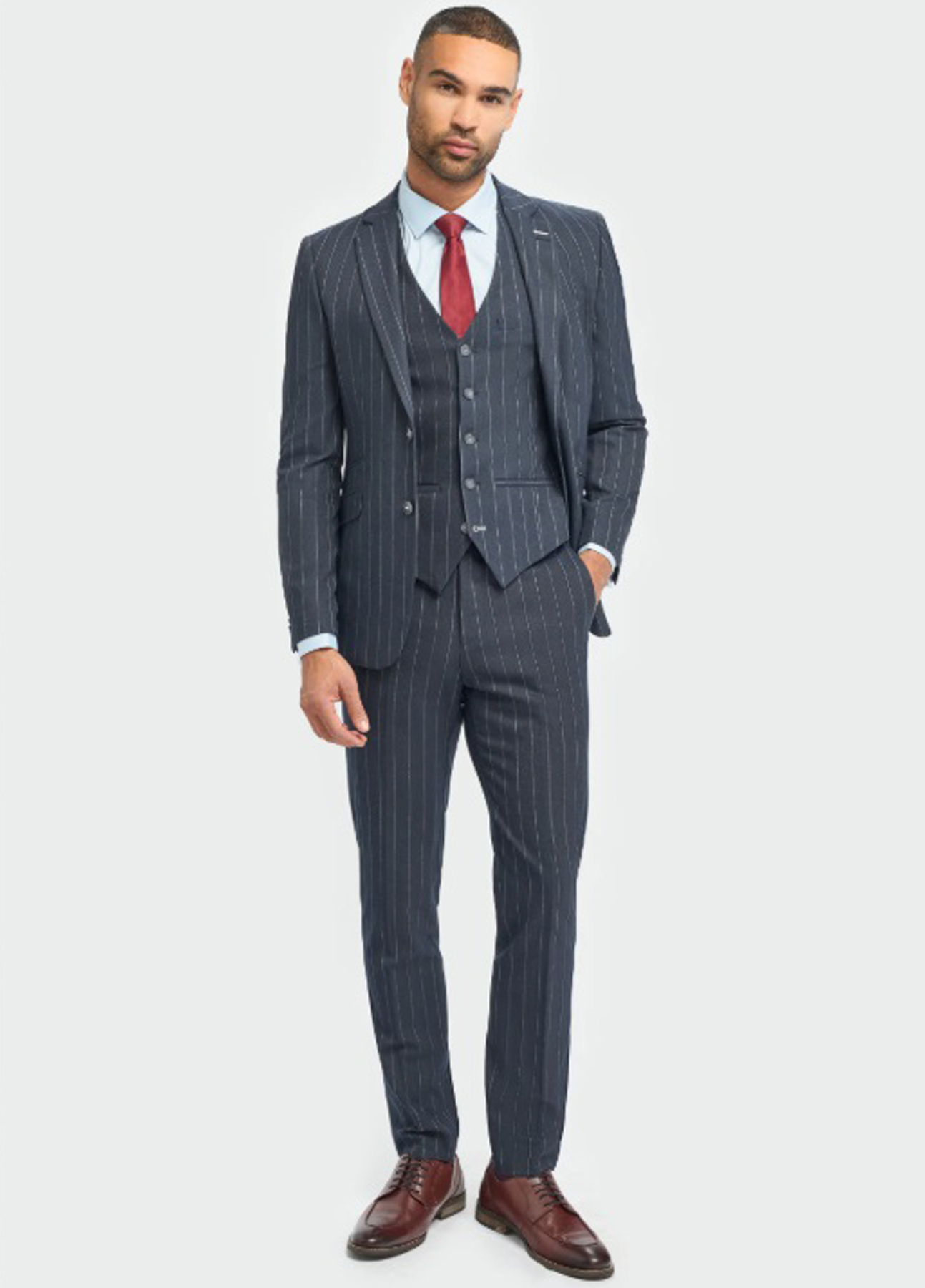 Cavani Navy Blue Formal Office Pinstripe 3 Piece Slim Fit Suit