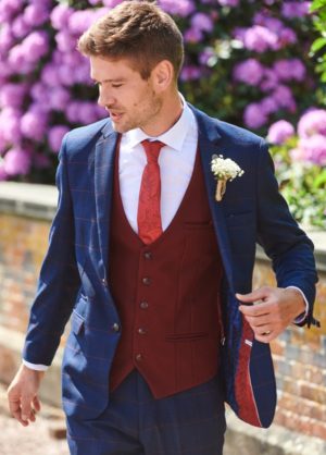 Marc Darcy Navy & Wine Contrast Check Wedding 3 Piece Suit