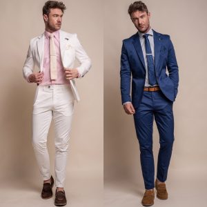 Cavani Mario Blue & Ecru Glazed Cotton 2 Piece Slim Fit Suit