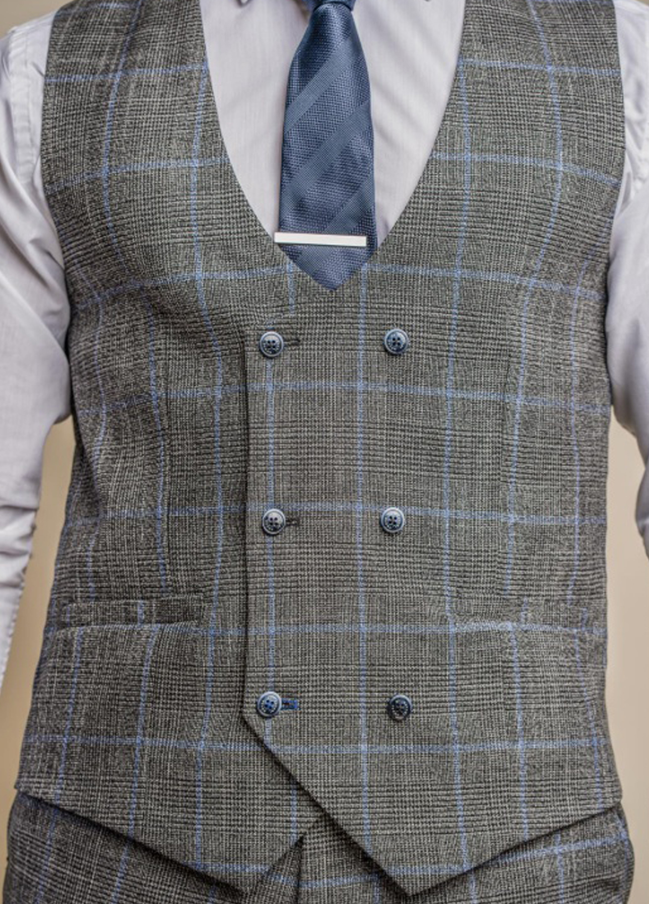 Cavani Power Grey Check Double Breasted Slim Fit Waistcoat - Image 3