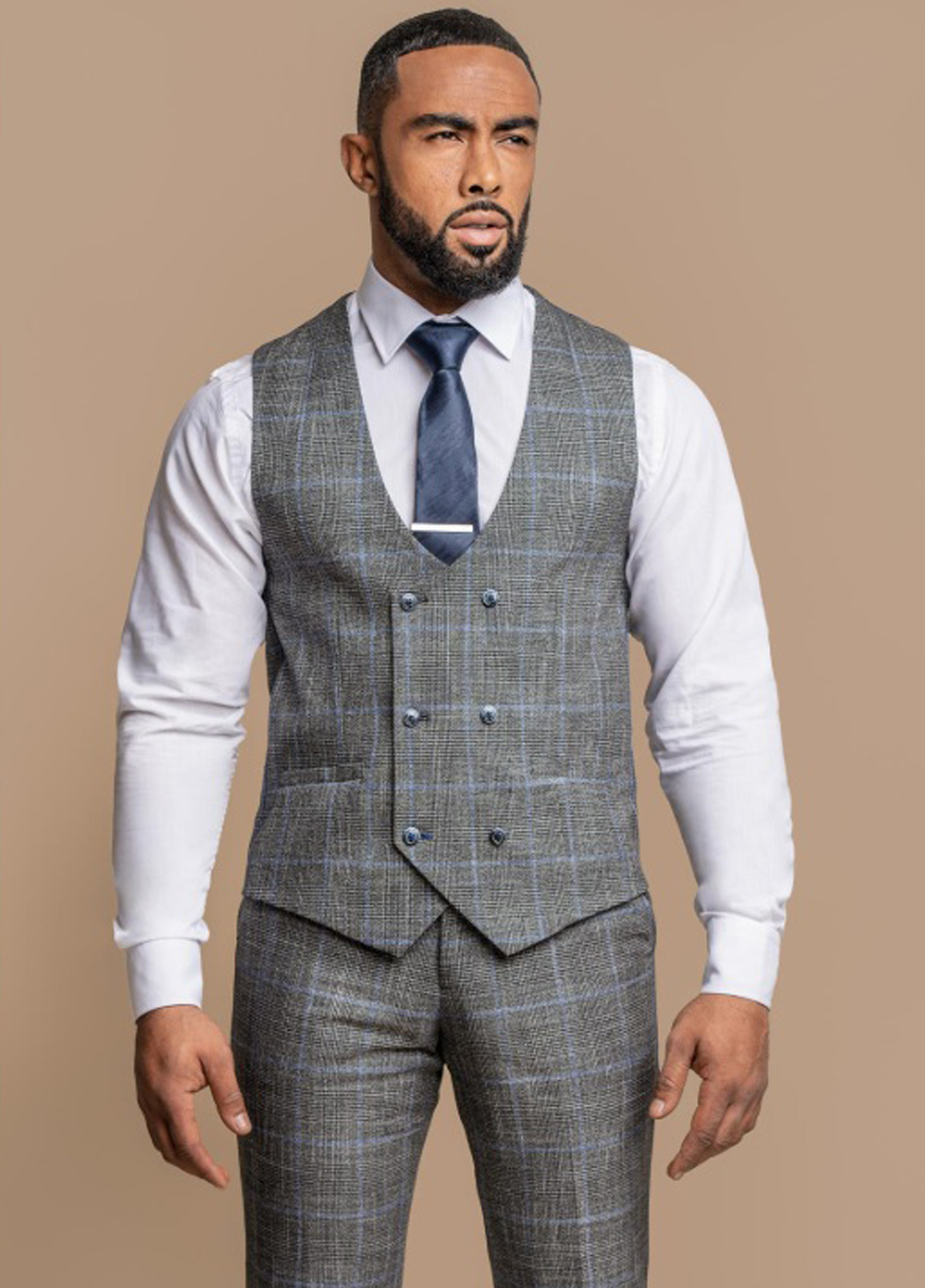 Cavani Power Grey Check Double Breasted Slim Fit Waistcoat