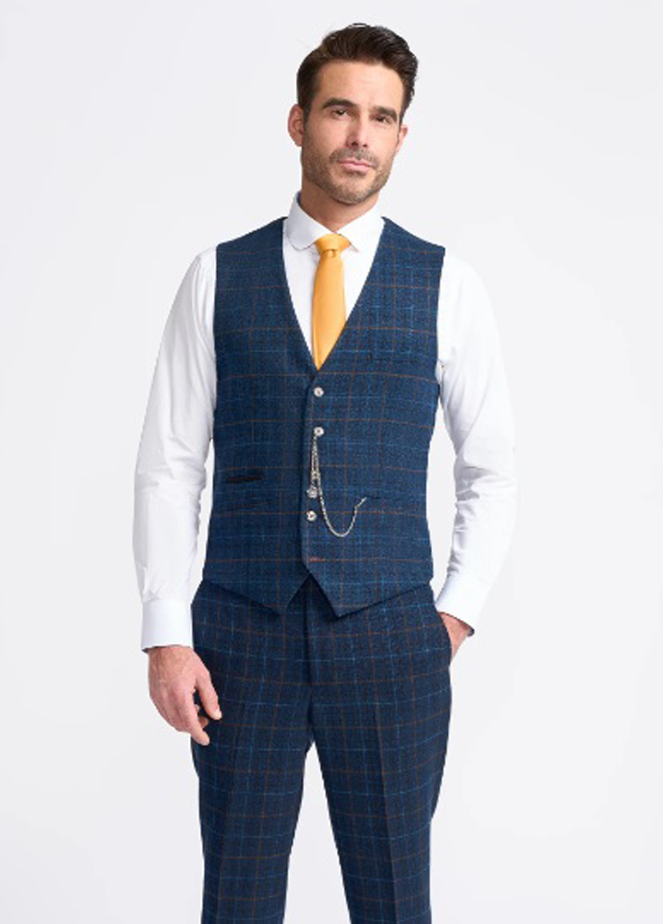 Cavani Cody Navy Blue Check Check Slim Fit Waistcoat