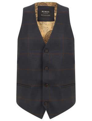Men's Nines Navy Blue Check Waistcoat Slim Fit Size 38