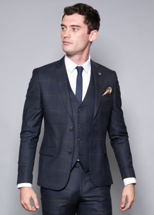 Men's Nines Navy Blue Check Suit Blazer Slim Fit Size 38