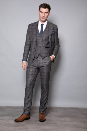 Men's Nines Check Brown 3 Piece Suit Slim Fit
