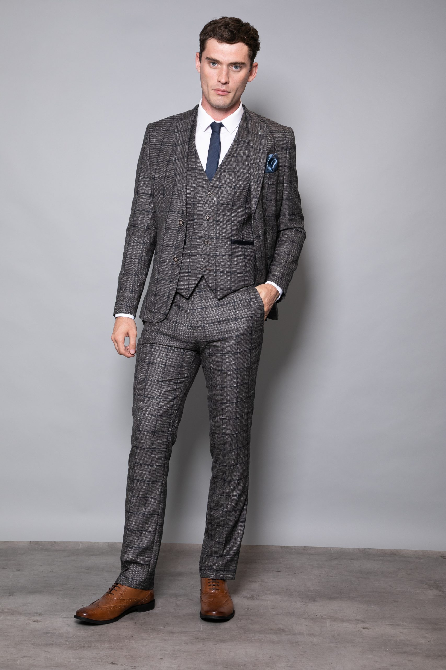 Men's Nines Check Brown 3 Piece Suit Slim Fit