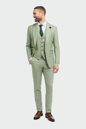 Men's Check Sage Green 3 Piece Slim Fit Wedding Suit