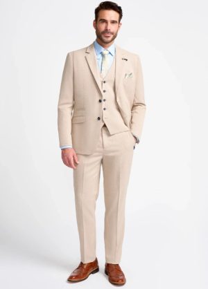 Men's Linen Blend Beige 3 Piece Slim Fit Wedding Suit
