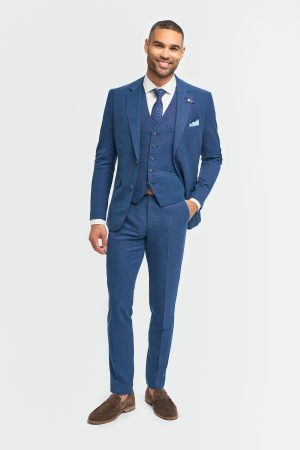 Men's Linen Blend Navy Blue 3 Piece Slim Fit Wedding Suit