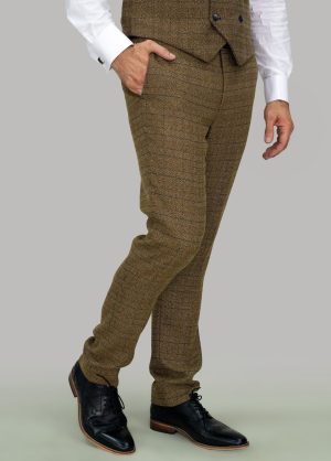 Cavani Tan Brown Tweed Check Trousers Slim Fit