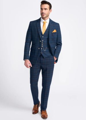 Cavani Cody Navy Tweed Check 3 Piece Slim Fit Wedding Suit