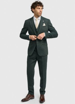 Cavani Herringbone Tweed Olive 3 Piece Slim Fit Wedding Suit