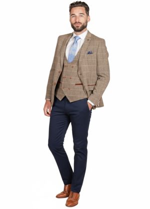 Marc Darcy Contrast Tan Tweed Slim Fit 3 Piece Suit Navy Chinos