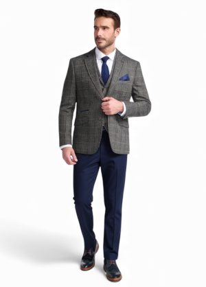 Cavani Grey Tweed Check 3 Piece Contrast Suit Navy Trousers