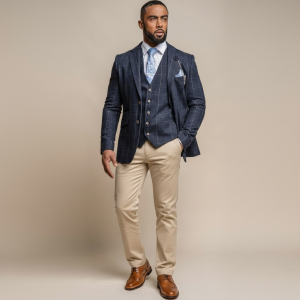 Men's Cavani Contrast 3 Piece Suit Blazer Waistcoat Beige Chinos