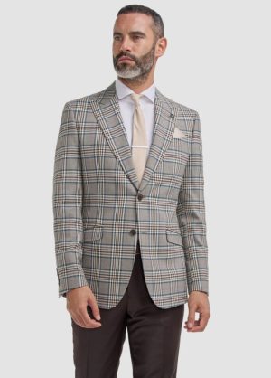 Men's Cavani Wool Blend Beige Check Peaked Lapel Blazer