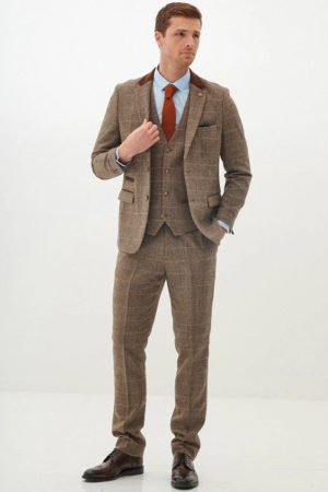 Marc Darcy Tan Tweed Check Slim Fit 3 Piece Suit