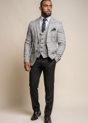 Cavani Grey Check Slim Fit 3 Piece Suit Black Contrast Trousers