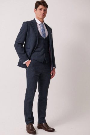 Marc Darcy Navy Blue Herringbone Tweed 3 Piece Suit