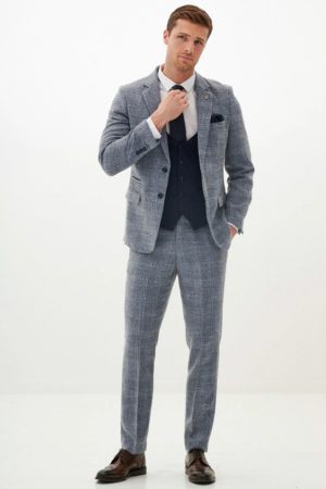 Marc Darcy Sky Blue Tweed Contrast 3 Piece Suit