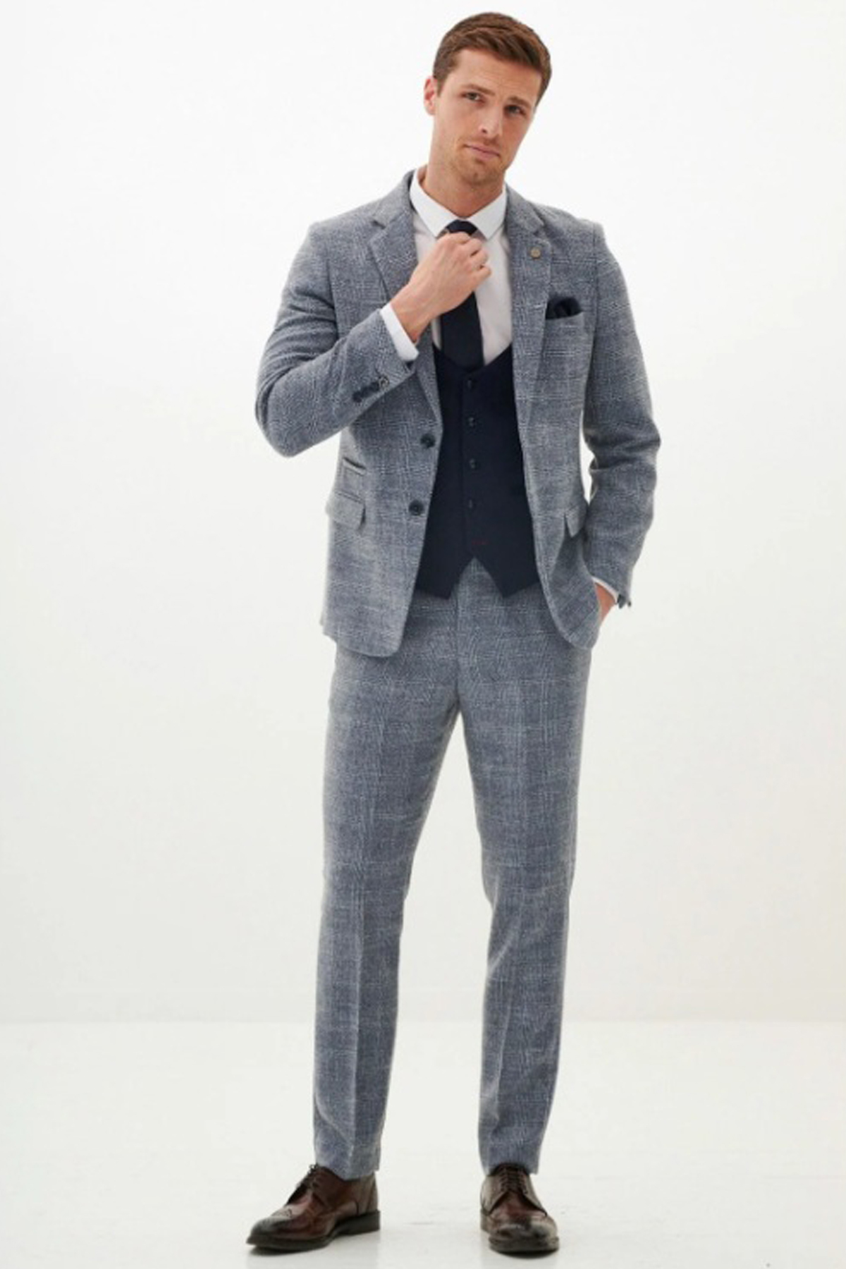 Marc Darcy Sky Blue Tweed Contrast 3 Piece Suit