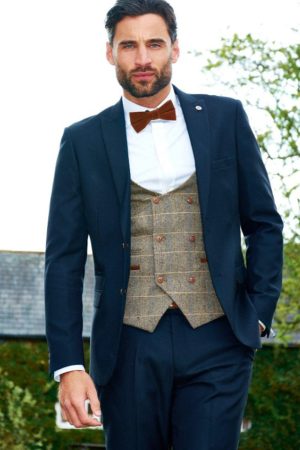 Marc Darcy Navy 3 Piece Suit With Tweed Check Tan Waistcoat