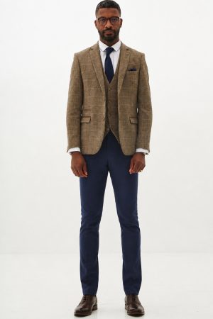 Marc Darcy Tan Tweed Check Contrast 3 piece Suit Navy Chinos