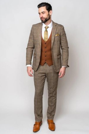 Marc Darcy Tan Tweed Check Contrast 3 Piece Slim Fit Suit